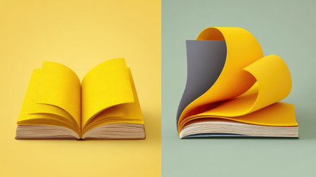 A vibrant open book with yellow pages against a soft background, showcasing flowing pages. Perfect for representing education, creativity, and literary themes.の素材