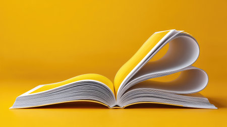 Open book with yellow pages creates a heart shape, set against a matching background, representing love for literature, knowledge, and creativity in a vibrant aesthetic.の素材