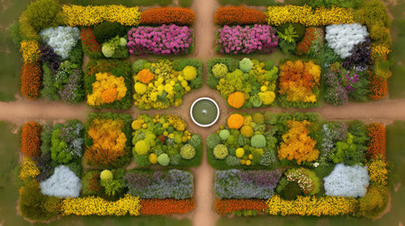 Captivating aerial view showcasing a meticulously planned flower garden featuring a vibrant array of blooms and colors, perfect for nature lovers and gardening enthusiasts.の素材