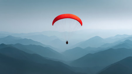 Experience the serene thrill of paragliding above majestic mountains, featuring a bold red canopy against a soft blue sky and layered hills in the distance.の素材