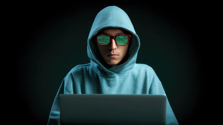 A mysterious person in a hoodie and digital glasses sits in front of a laptop, engaged in computer work. Neon code reflects off glasses, emphasizing themes of cybersecurity and modern technology.の素材