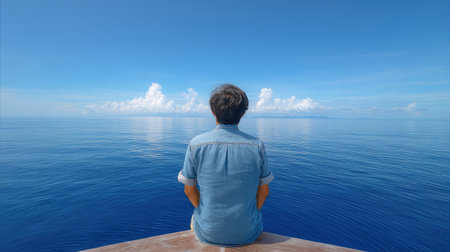 A person sits peacefully at the edge of a boat, gazing into the endless blue ocean under a clear sky, embodying tranquility and escape in a serene setting.の素材