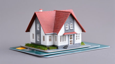 A detailed miniature house model placed on top of a credit card, illustrating the connection between real estate and financial transactions for prospective homeowners.の素材