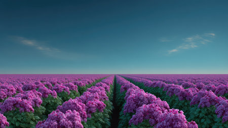 A stunning view of rolling lavender fields under a clear blue sky, showcasing vibrant purple blooms and lush green foliage, perfect for nature lovers and tranquil scenery enthusiasts.の素材