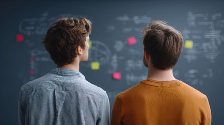 Two men stand in front of a wall covered with diagrams and sticky notes, deeply engaged in analysis and collaboration to generate innovative ideas and solutions in a creative workspace.の素材