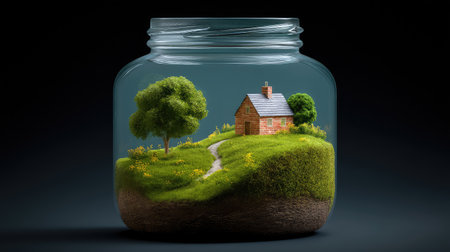 A captivating miniature scene inside a glass jar featuring a quaint house surrounded by lush greenery, symbolizing tranquility, creativity, and the beauty of nature.の素材