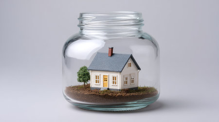 This artistic display features a miniature house inside a glass jar, symbolizing home and tranquility, creating an inspiring scene that invites creativity and reflection.の素材