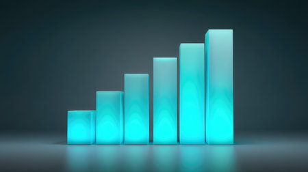 This image depicts a glowing bar graph, symbolizing data growth and success, perfect for digital marketing, finance, or business strategy themes.の素材
