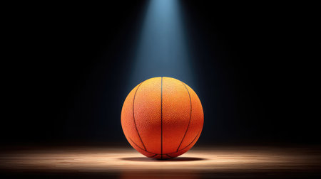 A single basketball shines brightly under a spotlight, set on a wooden floor against a dark backdrop, symbolizing the thrill and dedication of the sport.の素材