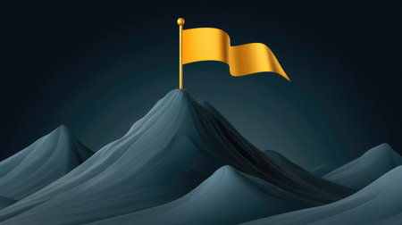 An artistic representation of a golden flag on a mountain peak, set against a dark abstract background. This image serves as a powerful metaphor for success and ambition.の素材