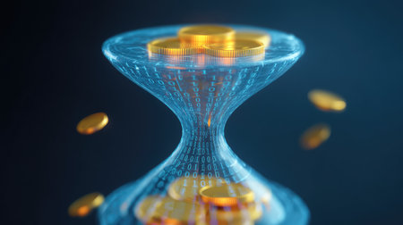 Modern representation of an hourglass made of binary code and golden coins, symbolizing the intersection of time, technology, and finance in a digital era.の素材