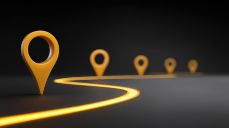 Visualize a creative concept of yellow location pins along a glowing path, illustrating navigation and travel themes in a sleek, modern design against a dark setting.の素材