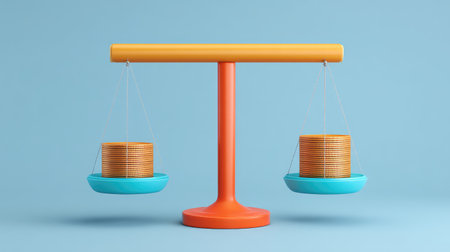 A vibrant and modern depiction of a scale balanced by stacked coins, symbolizing financial concepts such as equity and decision-making in a minimalistic style.の素材