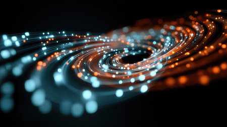 A stunning visual of swirling light in blue and orange tones, creating an abstract representation of motion and energy ideal for digital and artistic projects.の素材