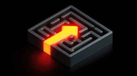 This image features a modern maze with a bright arrow that symbolizes finding direction and solutions in problem-solving within a dark space.の素材