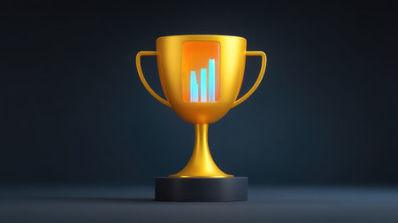 A shiny golden trophy featuring a colorful graph represents success and growth, ideal for themes of achievement in business, sports, and competitions, set against a dramatic blue backdrop.の素材