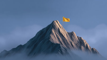 A breathtaking mountain peak adorned with a striking yellow flag rises above misty clouds, evoking feelings of adventure, courage, and achievement in nature's serene beauty.の素材