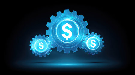 A striking digital illustration of blue gears featuring a dollar sign, representing the fusion of technology and finance for innovative business solutions and economic growth.の素材
