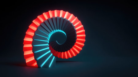 A stunning abstract spiral design in bright red and blue hues, illuminated against a dark backdrop, illustrating modern creativity and intricate patterns in a three-dimensional format.の素材
