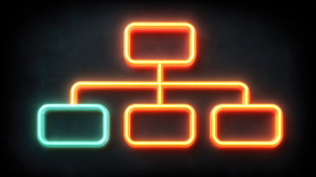 Bright neon flowchart illustrating processes and organizational structures, perfect for modern business and creative presentations, against a dark background.の素材