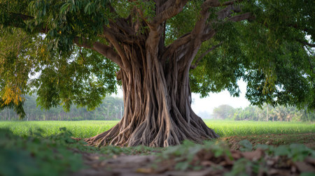 A breathtaking view of a banyan tree with intricate roots set in a vibrant green field, highlighting the beauty of nature and the enchanting tranquility of outdoor scenery.の素材