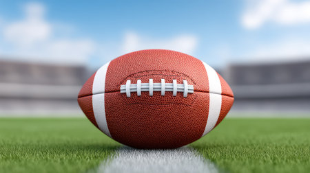 A vibrant image of a classic American football resting on a lush green field, capturing the essence of sportsmanship and athletic competition in a stadium setting.の素材