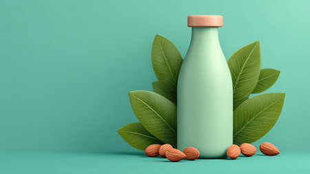 This vibrant image showcases a bottle of almond milk surrounded by fresh leaves and nuts, emphasizing a healthy lifestyle and plant-based nutrition in a minimalist design.の素材