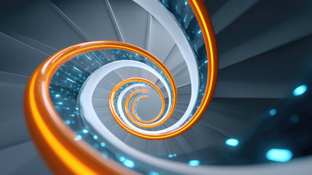 An eye-catching abstract representation of a spiral staircase featuring orange and blue glowing accents. The dynamic curves invite viewers into a futuristic design exploration.の素材