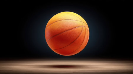 A vibrant orange basketball hovers in mid-air, showcasing its smooth texture and dynamic appeal, ideal for promoting sports, fitness, and athletic endeavors.の素材