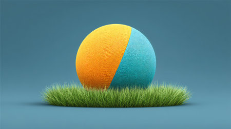 A colorful textured ball rests on lush green grass, set against a calming blue backdrop. This image evokes feelings of fun, joy, and playful energy, ideal for various design projects.の素材
