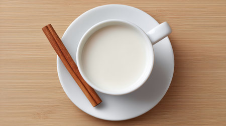 A serene image showcasing a warm cup of milk placed on a white saucer, accompanied by a cinnamon stick, set against a natural wooden background. Perfect for cozy settings.の素材