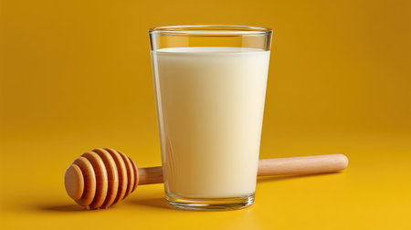 Fresh milk paired with sweet honey in a glass, captured against a bold yellow background, offering a delightful visual for food lovers and health enthusiasts.の素材