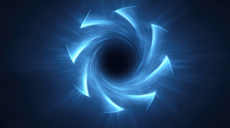 Beautiful abstract image of a blue swirling vortex with arrows, representing motion and energy, perfect for digital backgrounds and creative designs in various themes.の素材