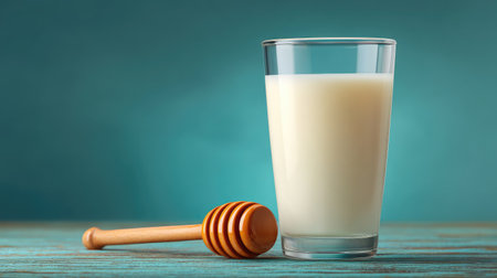 A glass of milk paired with a honey dipper creates a serene kitchen scene. This image captures the essence of natural ingredients and healthy living for culinary inspiration.の素材