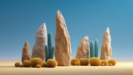 Captivating desert scene featuring tall rock formations alongside vibrant cacti, set against a clear blue sky, evoking feelings of peace and natural beauty in a unique setting.の素材