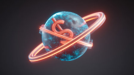 Futuristic illustration of a digital earth intertwined with a dollar symbol, symbolizing the interconnectedness of global finance and modern technology in a vibrant design.の素材