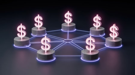 A visually striking composition illustrating neon dollar symbols atop stacked coins, connected in a network. This image captures the essence of modern finance and digital currency evolution.の素材