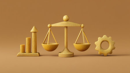 This creative 3D illustration encompasses business concepts, showcasing scales for balance, a growth chart, and a gear, symbolizing strategy and progress against a soft beige backdrop.の素材
