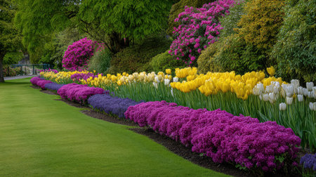 A picturesque garden filled with a colorful display of tulips and flowering shrubs, highlighting nature's beauty in a tranquil outdoor setting.の素材