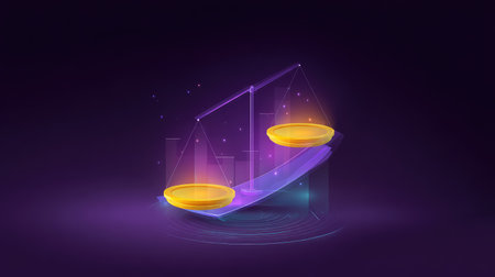 This digital artwork features a balanced scale with gold coins symbolizing justice and financial equity, showcasing a modern design that captures the essence of balance in the economy.の素材