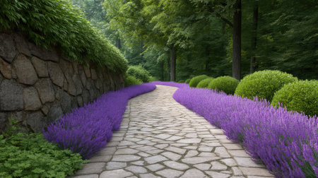 A picturesque lavender pathway surrounded by greenery and sunlight, creating a peaceful atmosphere perfect for relaxation and enjoying nature's beauty.の素材