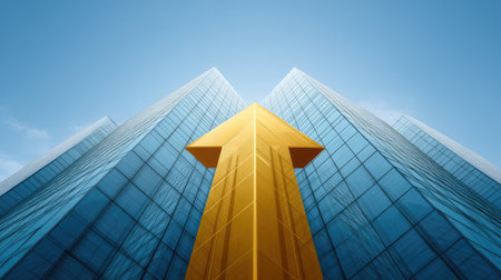 A striking image capturing a bold yellow arrow rising between two skyscrapers, symbolizing upward ambition and success in a modern urban setting with a clear blue sky.の素材