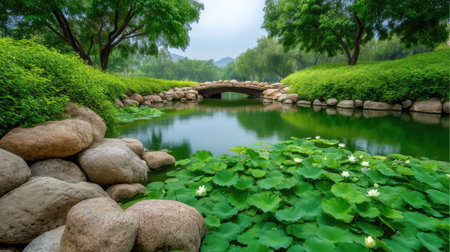 Discover a serene natural landscape featuring lotus flowers blooming in a tranquil pond, encircled by vibrant greenery and a graceful stone bridge, evoking peace and harmony.の素材