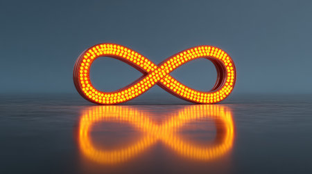 A striking illuminated infinity symbol in vibrant orange lights, perfectly set against a minimalist background, reflecting creativity and endless possibilities in a modern design.の素材