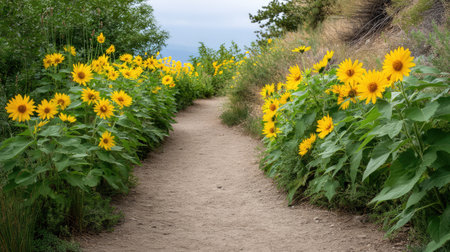 A picturesque dirt pathway meanders between tall sunflowers, inviting exploration amidst natureの素材