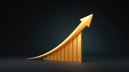 This dynamic 3D illustration features a vibrant golden graph with an upward arrow, representing business growth, success, and financial achievement against a sleek dark background.の素材