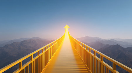 A captivating golden bridge stretches toward the horizon, symbolizing a journey filled with hope and motivation. Ideal for themes of progress and success.の素材