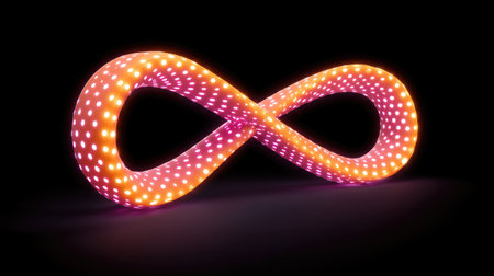 This vibrant infinity symbol showcases bright lights against a dark backdrop, embodying endless possibilities and creativity in a stunning visual representation.の素材
