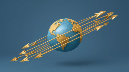 Eye-catching 3D illustration featuring a globe with golden arrows in motion, symbolizing global connectivity and progress in today's digital landscape.の素材