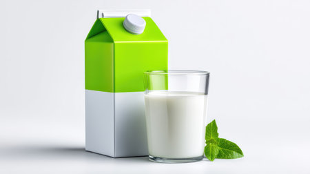 A refreshing glass of fresh milk beside a green and white carton, complemented by mint leaves, embodies a healthy lifestyle and modern culinary elegance on a minimalist backdrop.の素材